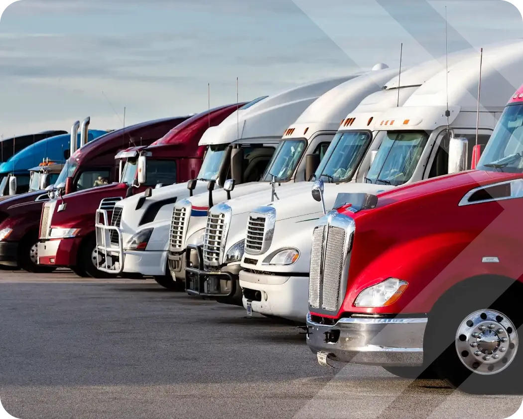 A side-view of several semi-truck tractors lined up.